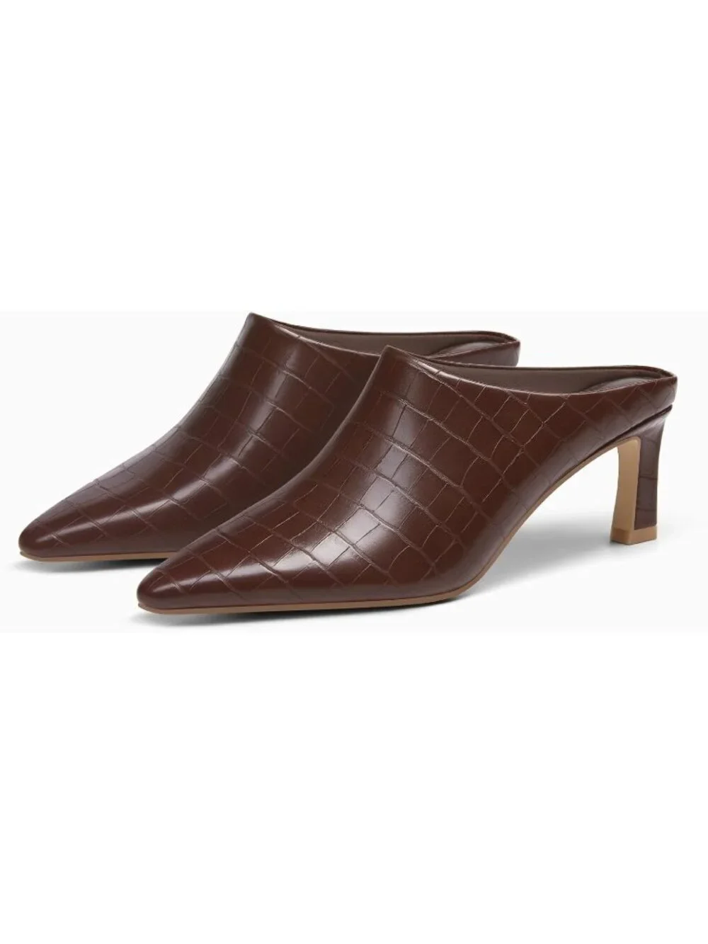 Women's Brown Leather Kitten Heels Mules Closed Pointed Toe Pumps Slip On Shoes